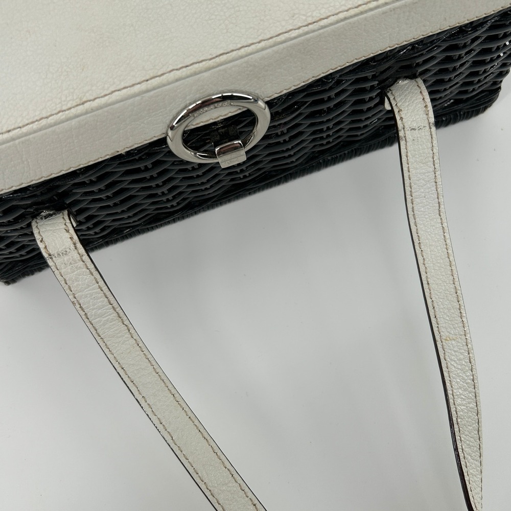 Vintage Kate Spade New York Black Wicker Basket White Leather Bag Polka Dot - Picture 4 of 16
